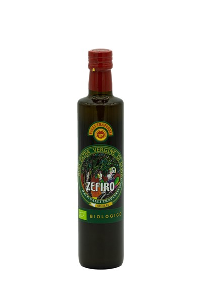 Bottle of PDO and organic Sicilian extra virgin olive oil